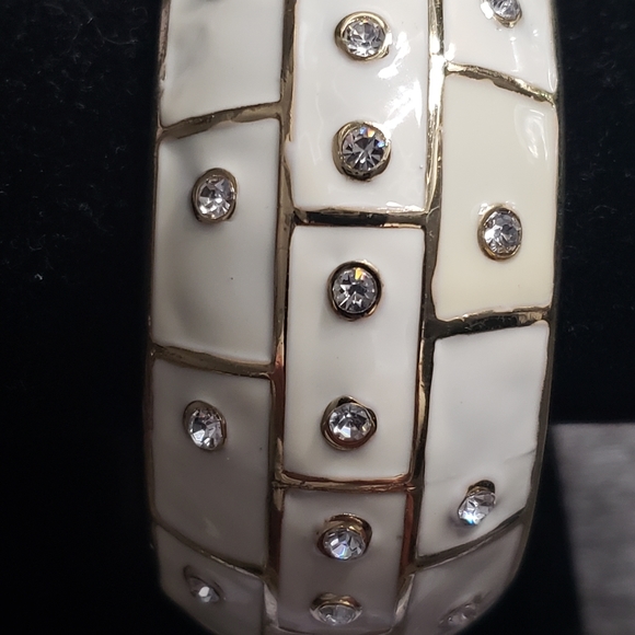 Cream Enamel Gold Tone and Rhinestone Hinged Bangle Bracelet - Picture 3 of 5